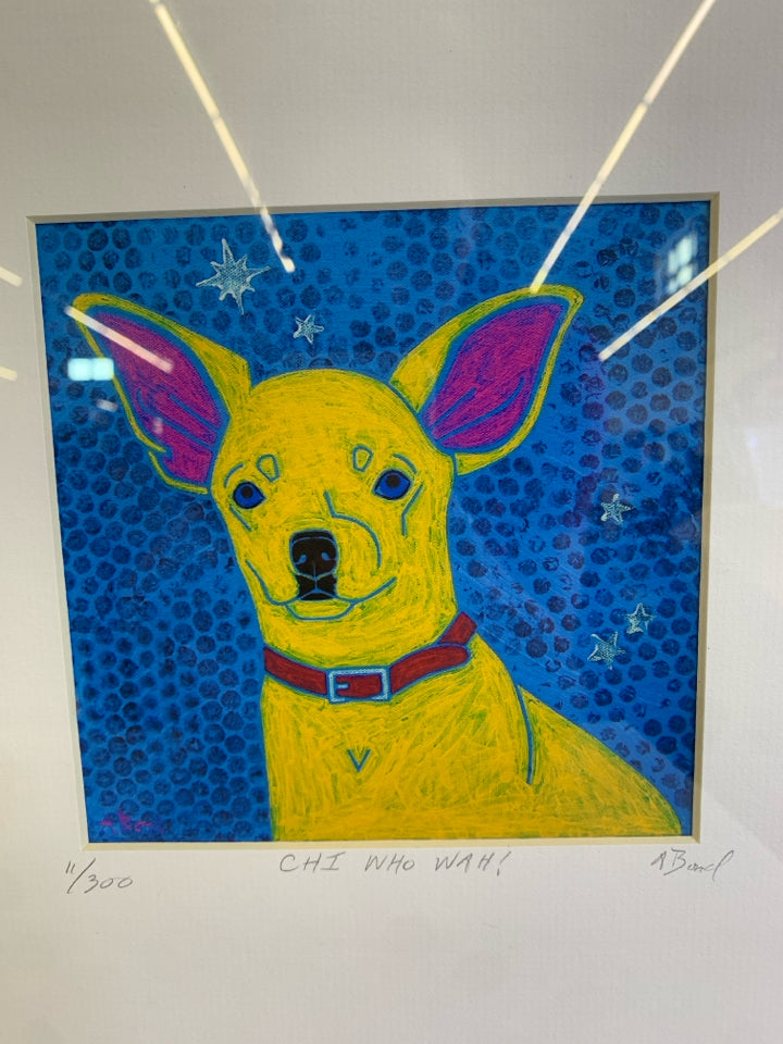 CHI WHO WAH DOG PAINTING - SIGNED IN WHITE FRAME.