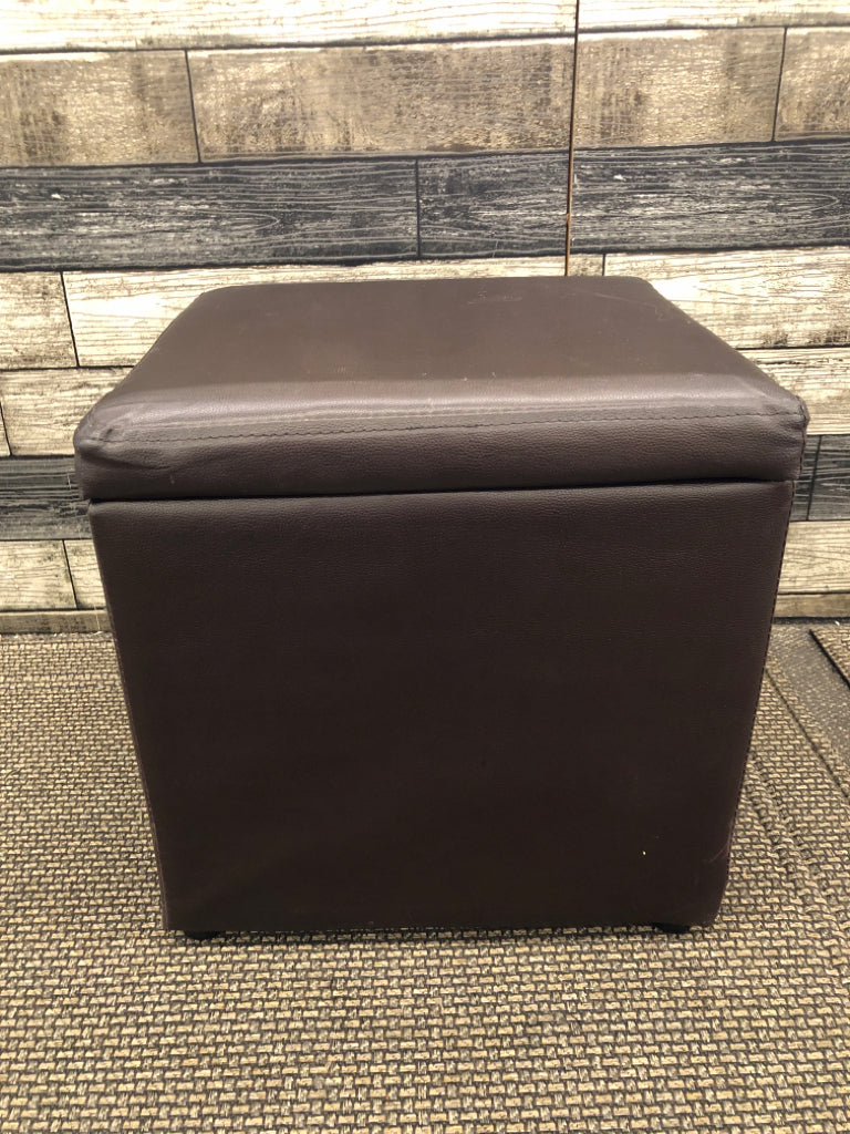 BROWN FAUX LEATHER STORAGE CUBE.