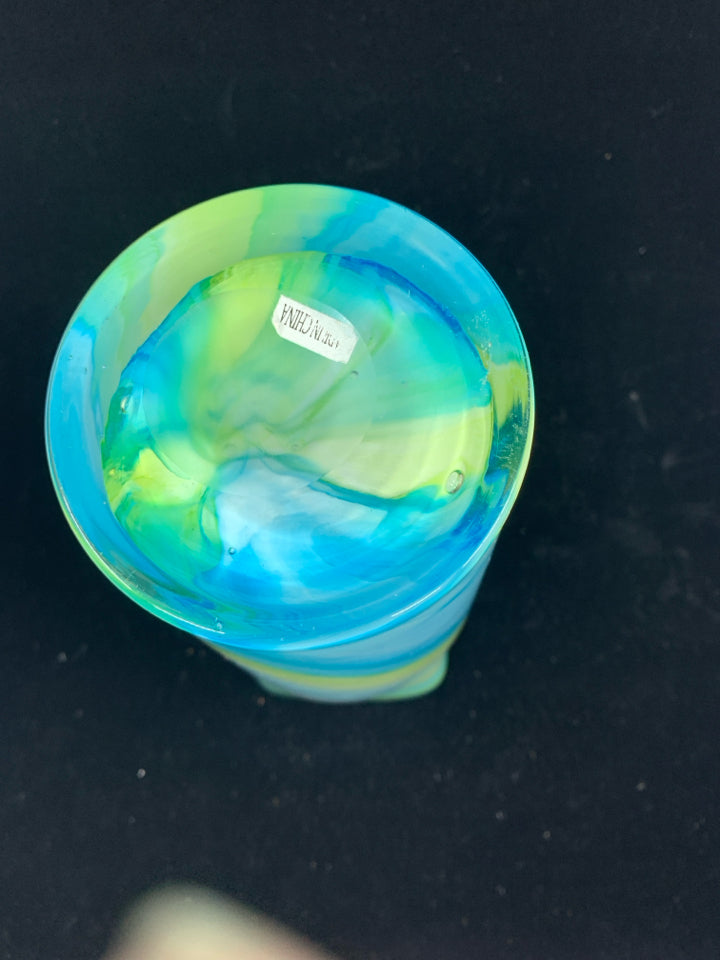 BLUE, YELLOW, GREEN SWIRL GLASS VASE.