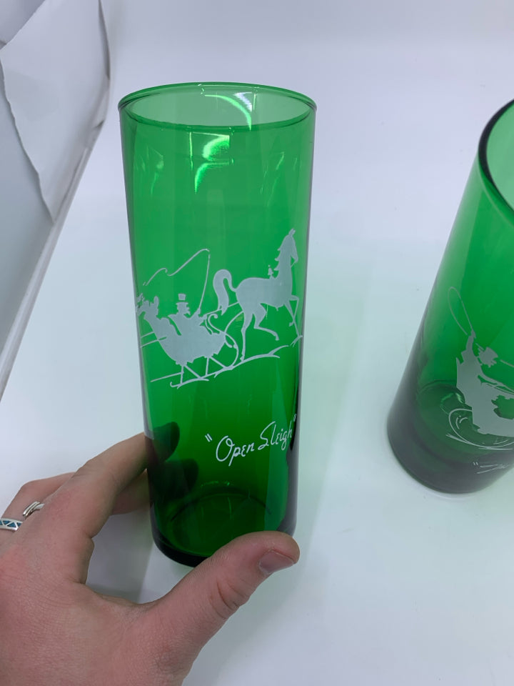 4 VTG GREEN GLASS WATER/ TALL COCKTAIL GLASSES.