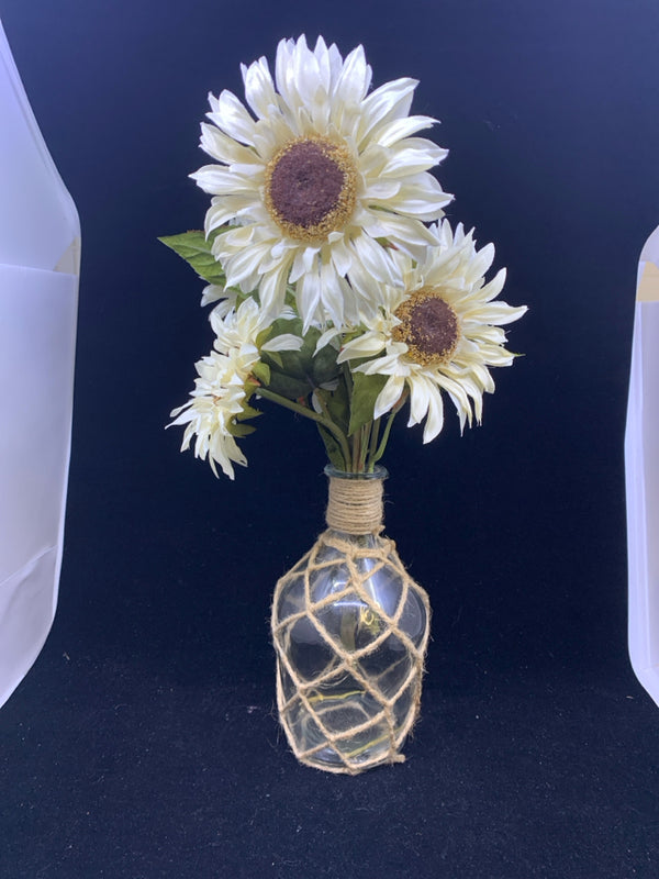 GLASS VASE W/ WRAPPED YARN FAUX WHITE SUNFLOWERS.