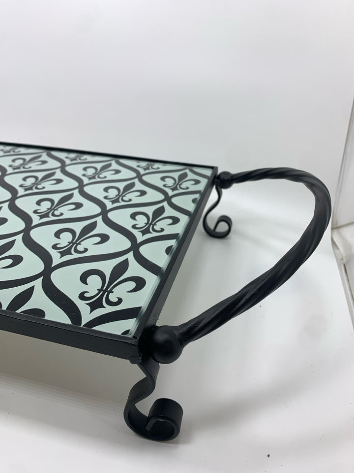 GLASS TILE TRAY W/BLACK METAL SCROLL STAND.