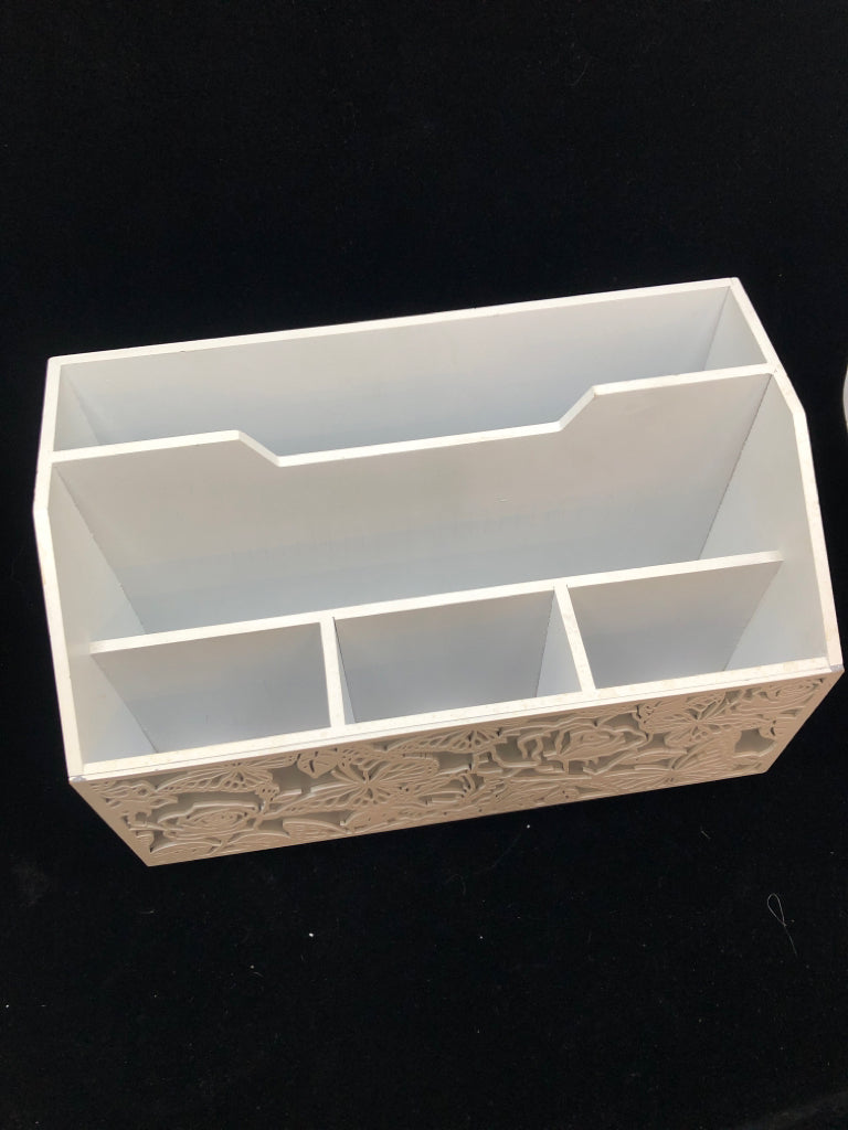 WHITE DESK ORGANIZER W/ GRAY CARVED BUTTERFLIES.