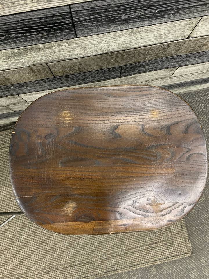 2 RUSTIC WOODEN-SEAT BAR STOOLS.