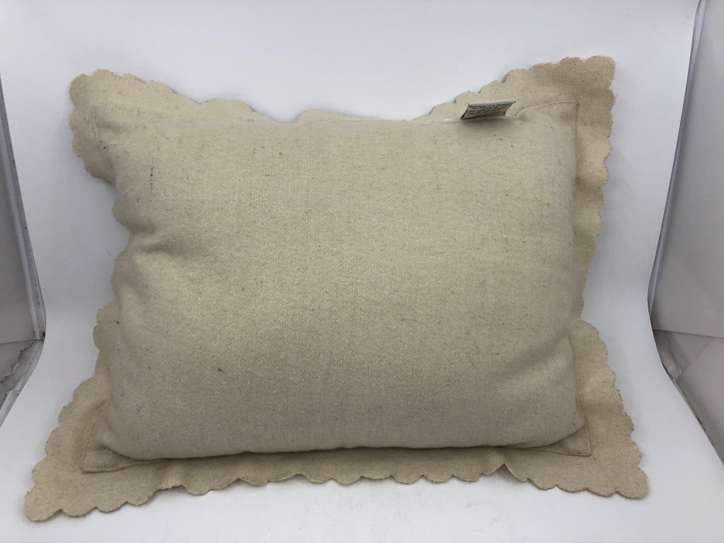 CREAM PILLOW W/ EMBROIDERED RED ROSES W/ SCALLOP TRIM GRACE DESIGNS.