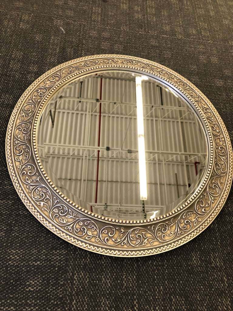 ROUND WALL MIRROR SILVER SCROLL FRAME.