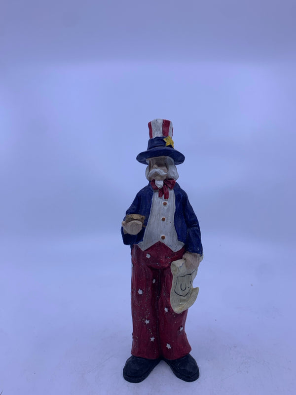 RESIN UNCLE SAM W/ CLOCK AND USA PAPER.