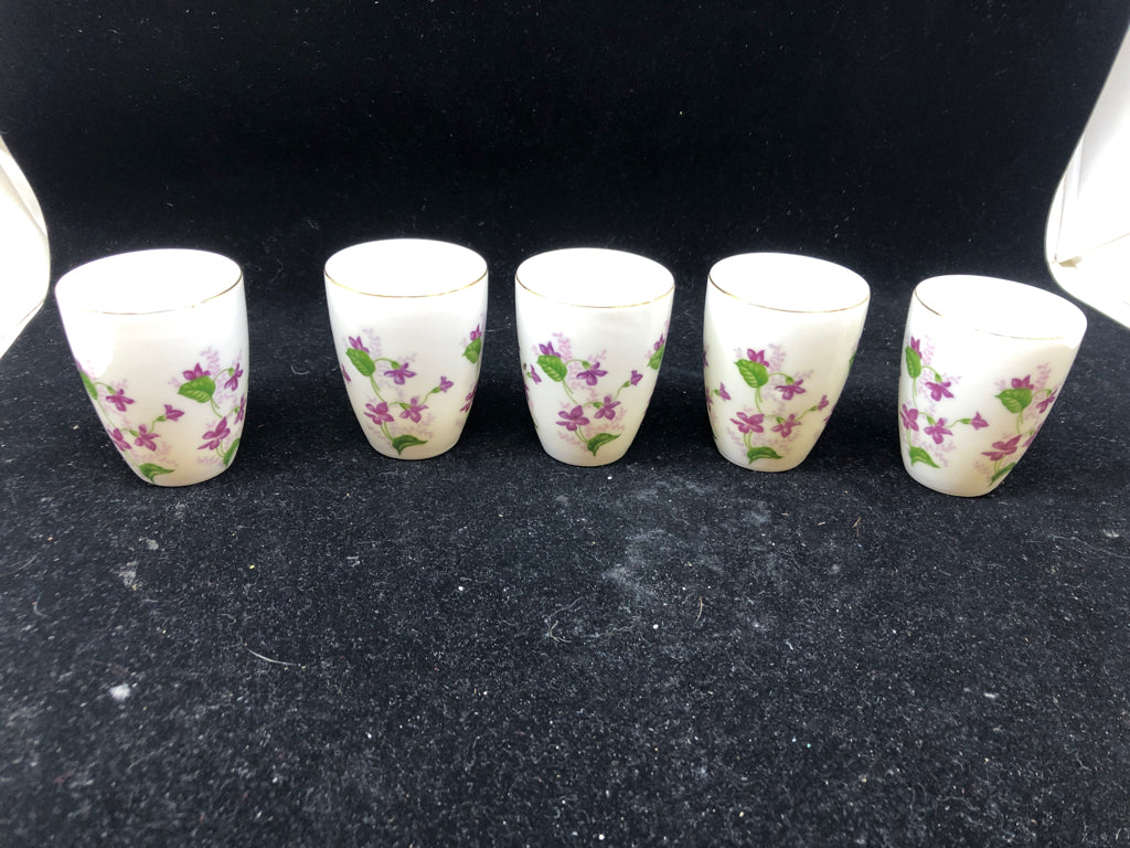 5 PURPLE FLOWERS JAPAN TEACUPS.
