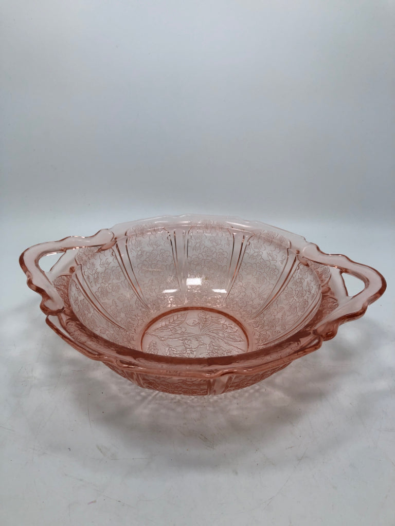 VTG PINK GLASS FLORAL ETCHED SERVING BOWL.