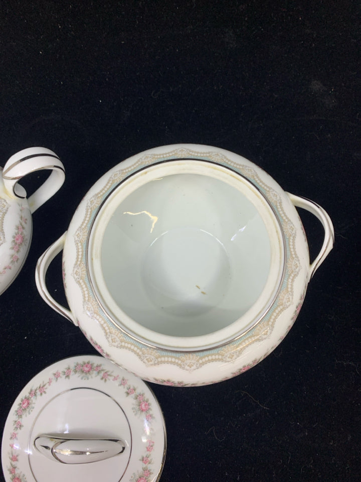 SUG/CREAMER W/ PINK ROSES RIM NORITAKE CHINA.