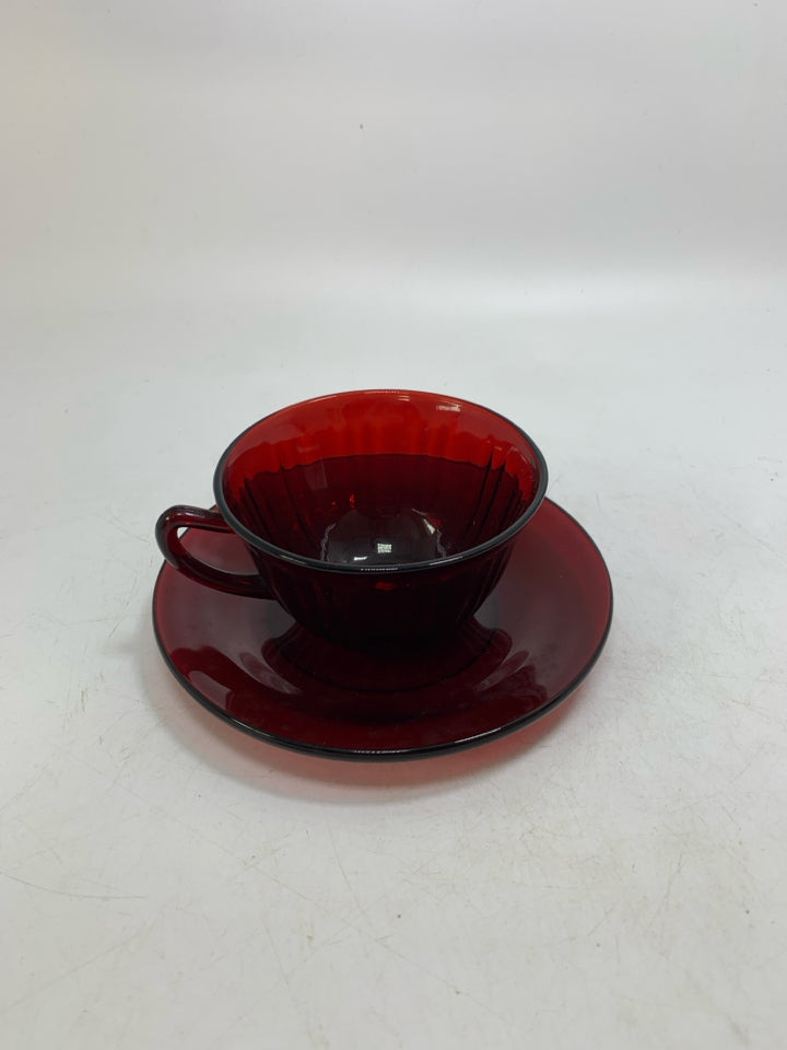 DARK RED GLASS TEACUP/SAUCER.