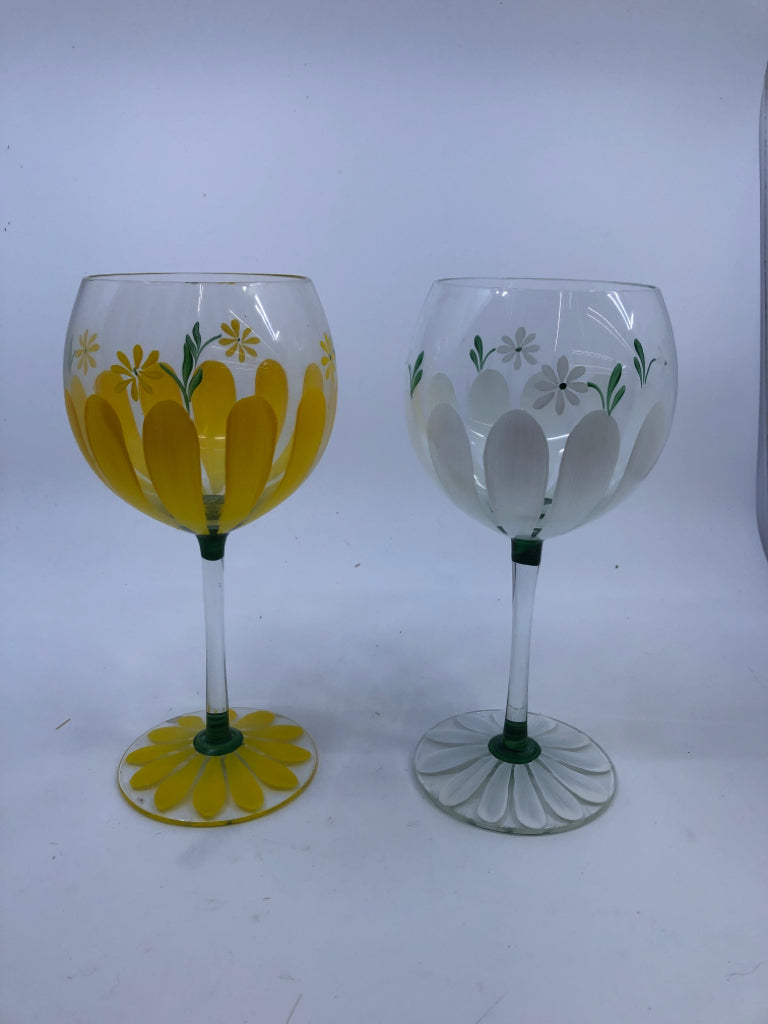 4 LARGE PAINTED BULB WINE GLASSES.