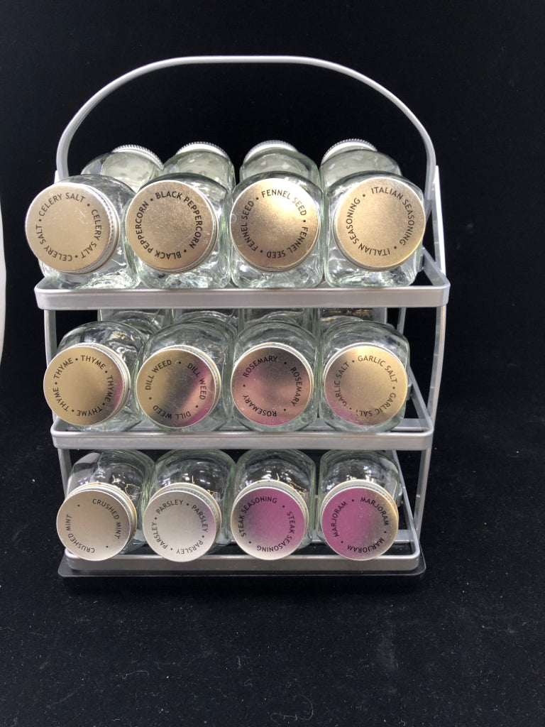 24PC GLASS SPICE JAR SET W/SPINNING RACK.