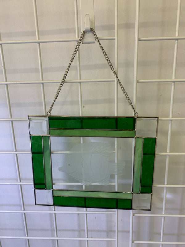 GREEN STAINED GLASS FISH WALL HANGING.