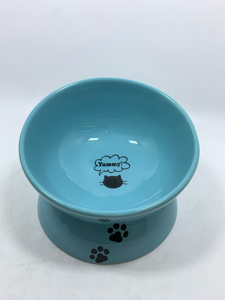 YUMMY TEAL CERAMIC CAT FOOD BOWL.