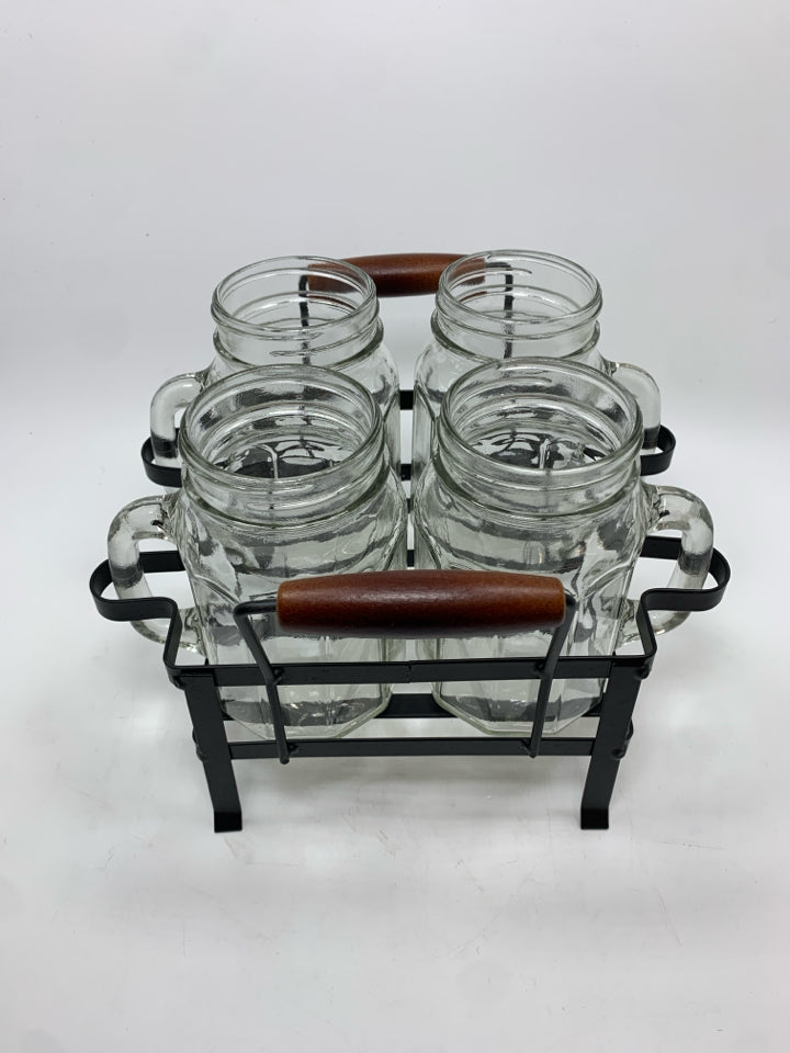 5PC GLASS MUGS IN METAL CADDY.