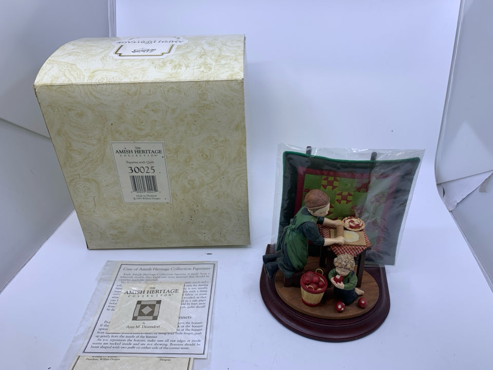 WOMAN MAKING PIES + QUILT.