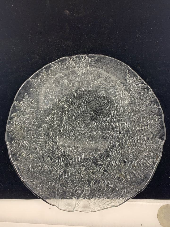 HEAVY GLASS SERVING PLATTER W/ TEXTURED FERN DESIGN.