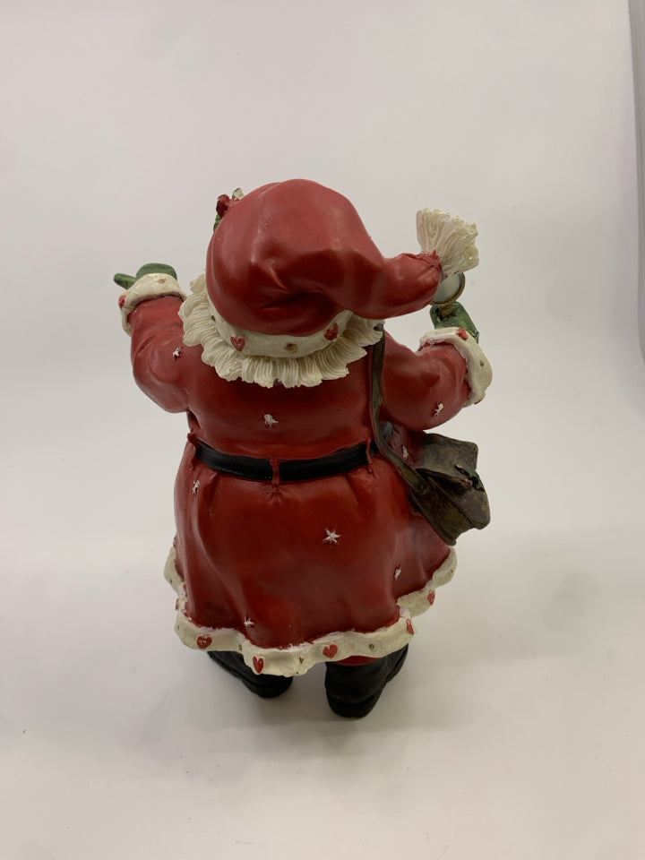 RESIN SANTA HOLDING OUT HIS HAND GREEN MITTEN.