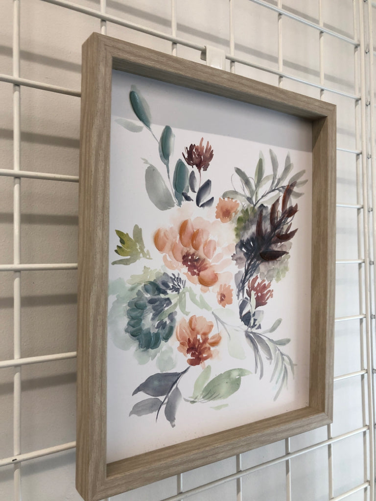 WATER COLOR FLORAL WALL HANGING LIGHT WOOD FRAME.