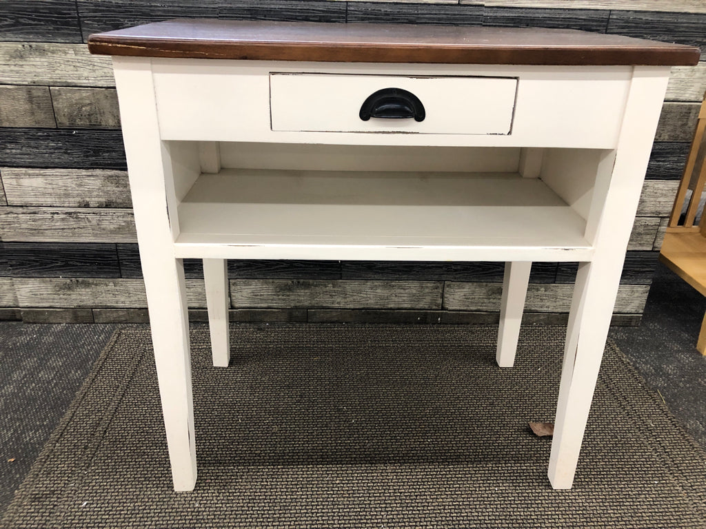 WHITE W DARK WOOD TOP SIDE TABLE W 1 DRAWER AND STORAGE.