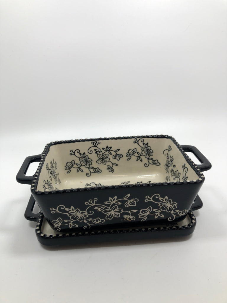 2PC MD BLACK/WHITE FLORAL TEMPTATIONS DISH W/LID.