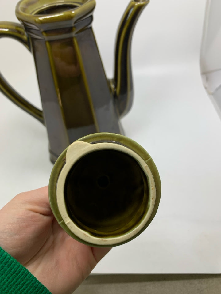 DARK GREEN CERAMIC TALL COFFEE POT.