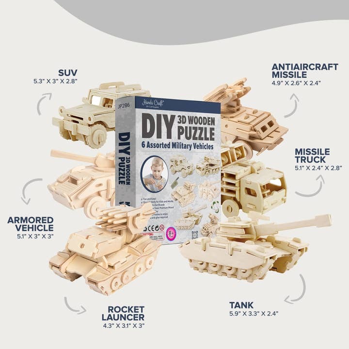 DIY 3D Wooden Puzzle Bundle Set: Pack of 6 Military Vehicles