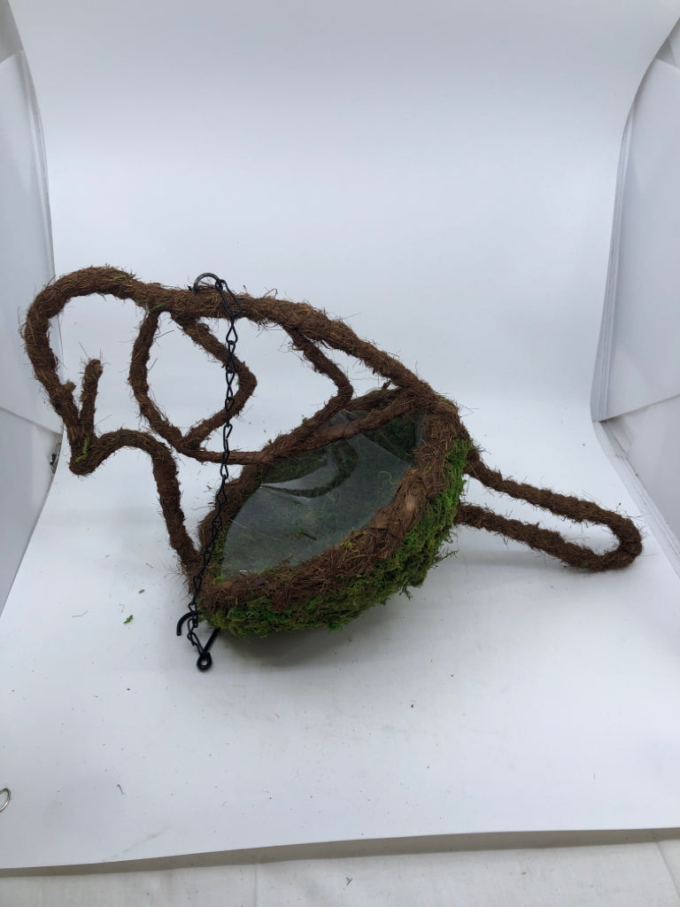 MOSS BIRD SHAPED HANGING PLANTER W/ PLASTIC INSERT.