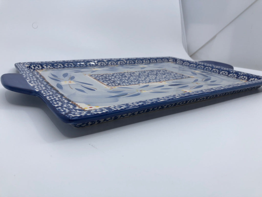 BLUE RECTANGLE OLD WORLD SERVING TRAY W HANDLES - TEMP-TATIONS.