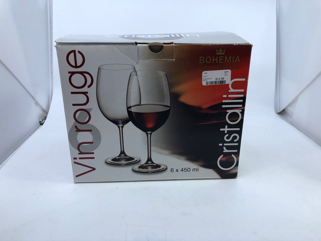 NIB 6 WINE GLASSES-BOHEMIA