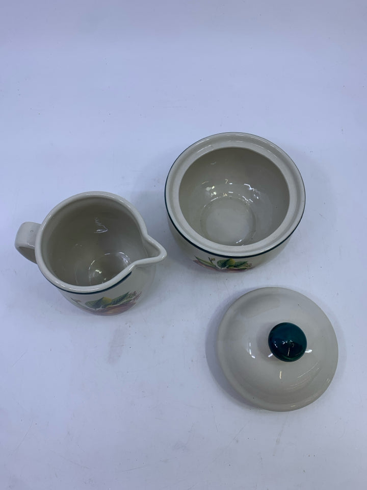2 PC SUGAR & CREAMER SET WHITE/GREEN STRIPE APPLES.
