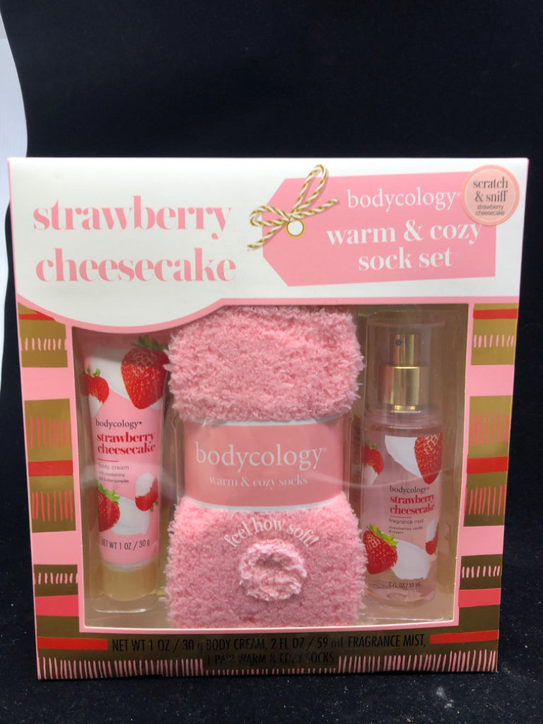 NIP STRAWBERRY CHEESECAKE BODYCOLOGY LOTION,SOCKS,FRAGRANCE MIST.