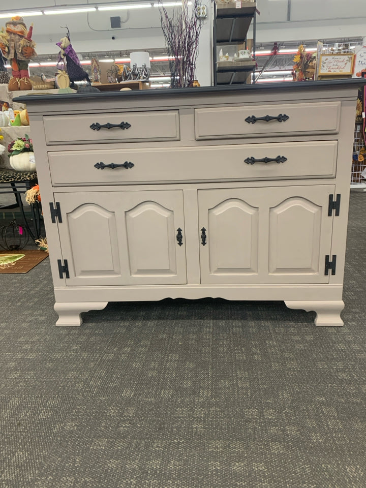 GREY W BLACK TOP BUFFET CABINET.