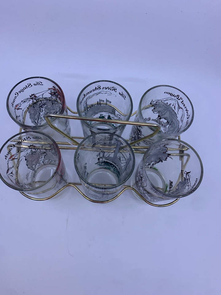 6 VTG TUMBLER GLASSES W SCENES IN GOLD METAL CARRIER.