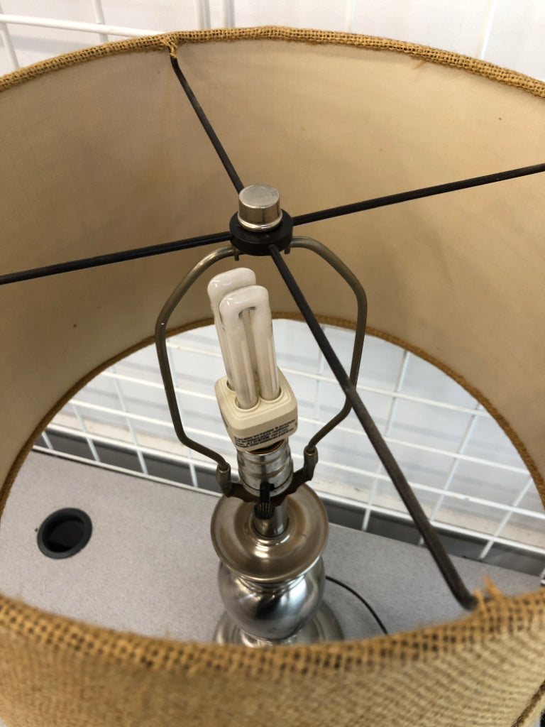 SILVER LAMP BURLAP SHADE.