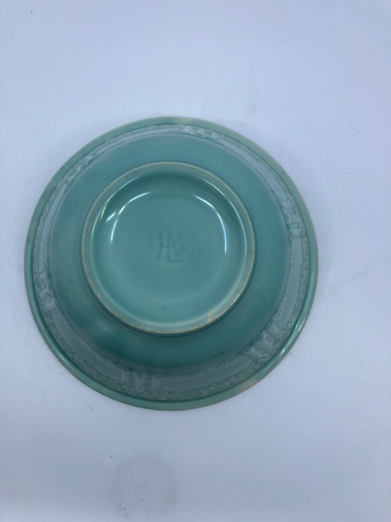 VTG TEAL BOWL W BLOOMING TREE DESIGN.