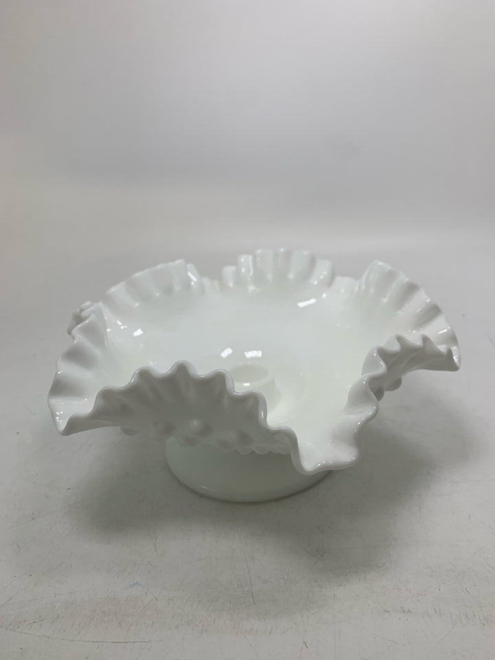 FOOTED MILK GLASS HOBNAIL W/ RUFFLED EDGE TAPERED CANDLE HOLDER.