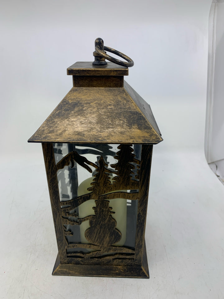 BROWN RUSTIC PLASTIC LANTERN W/ BATTERY CANDLE.