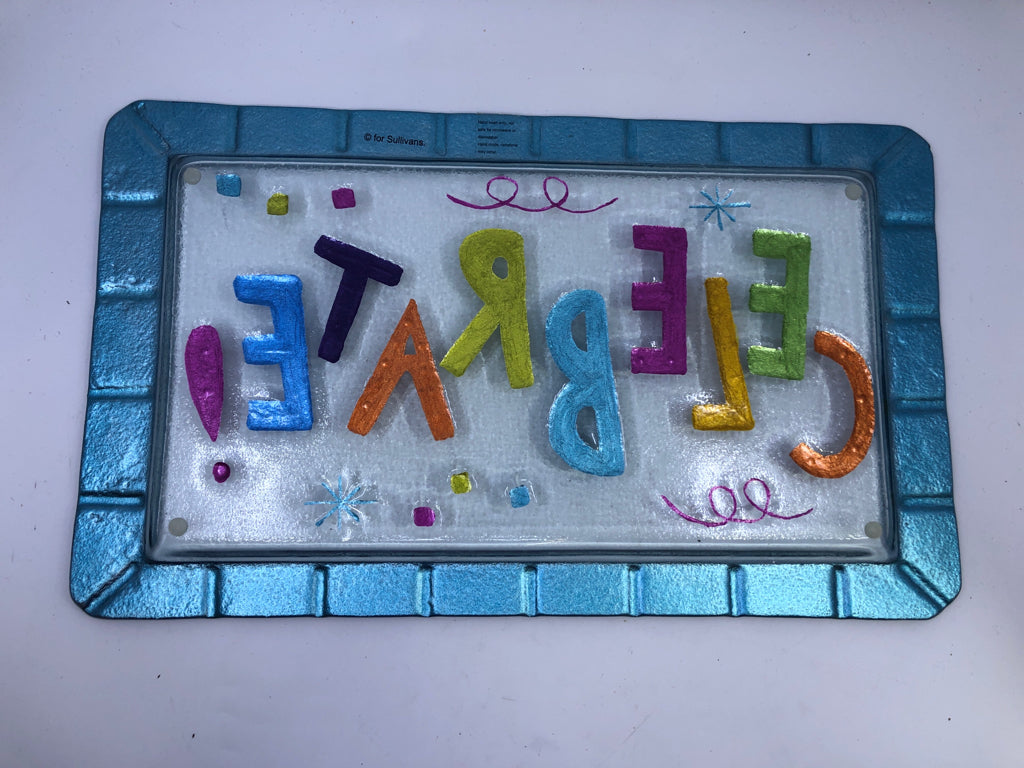 FUSED GLASS COLORFUL CELEBRATE SERVING TRAY.