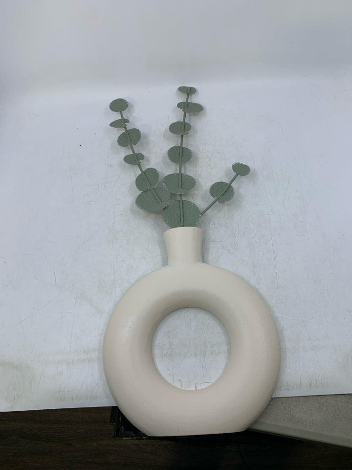 CREAM VASE W/ FAUX METAL EUCALYPTUS.