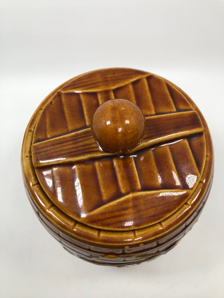 VTG GLAZED BARREL COOKIE JAR.