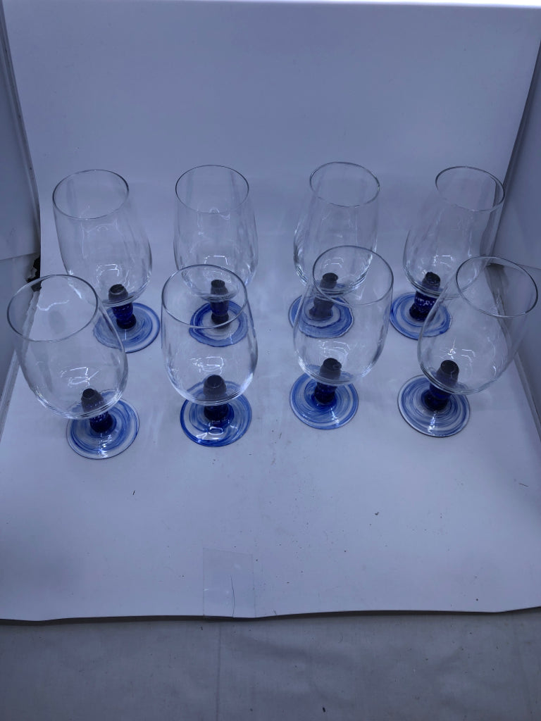 8 BLUE STEM WINE GLASSES.