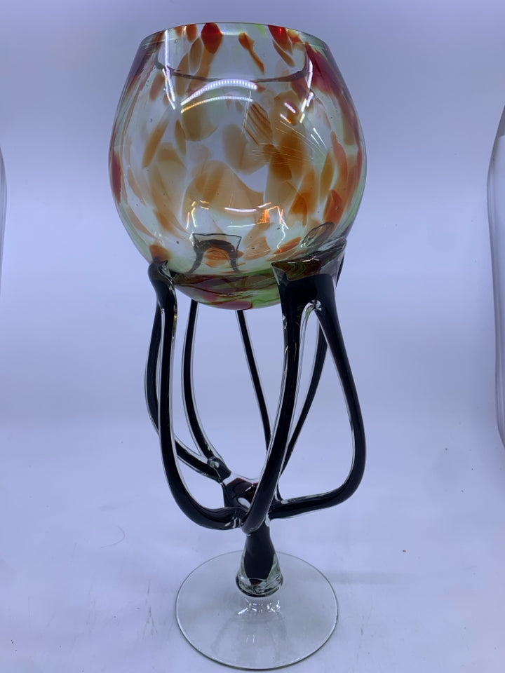 ABSTRACT BLOWN GLASS CANDLE HOLDER -BLACK/ORANGE.