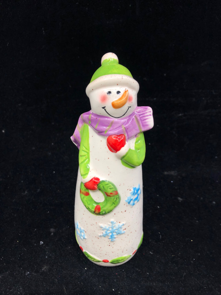 CERAMIC SNOWMAN PURPLE SCARF AND WREATH.