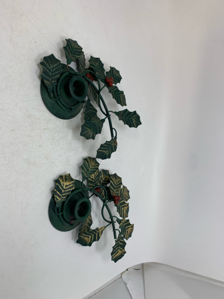 2 METAL HOLLY TAPERED CANDLE HOLDERS.