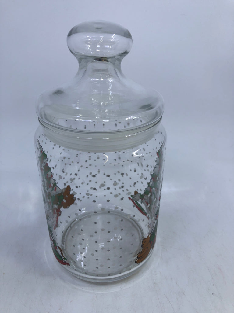 CLEAR GLASS HOLIDAY TREE CANISTER W/LID.