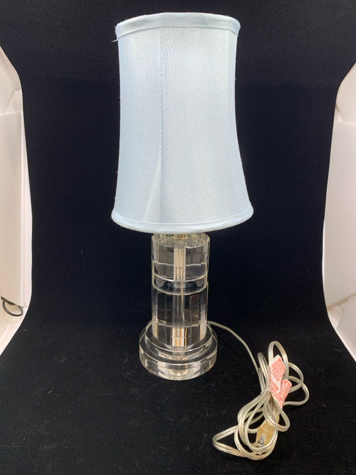 HEAVY GLASS LAMP W/BLUE SHADE.