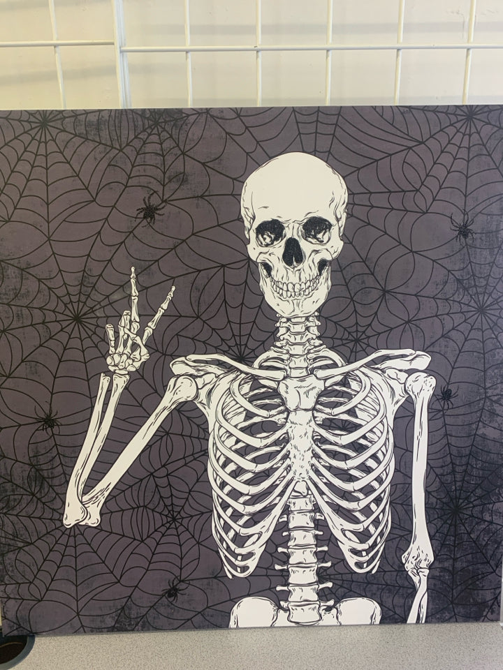 SKELTON THROWING UP PEACE SIGN SPIDER WEB BACKGROUND WALL CANVAS.