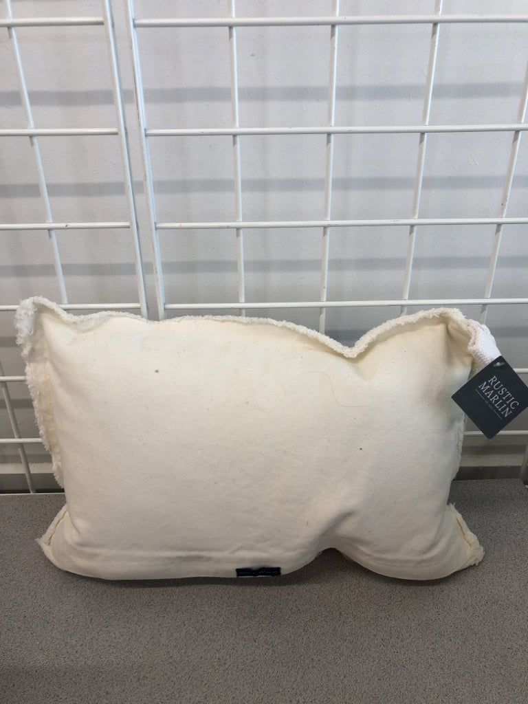 BLUE BEACH BUS THROW PILLOW W/FRAYED EDGES.